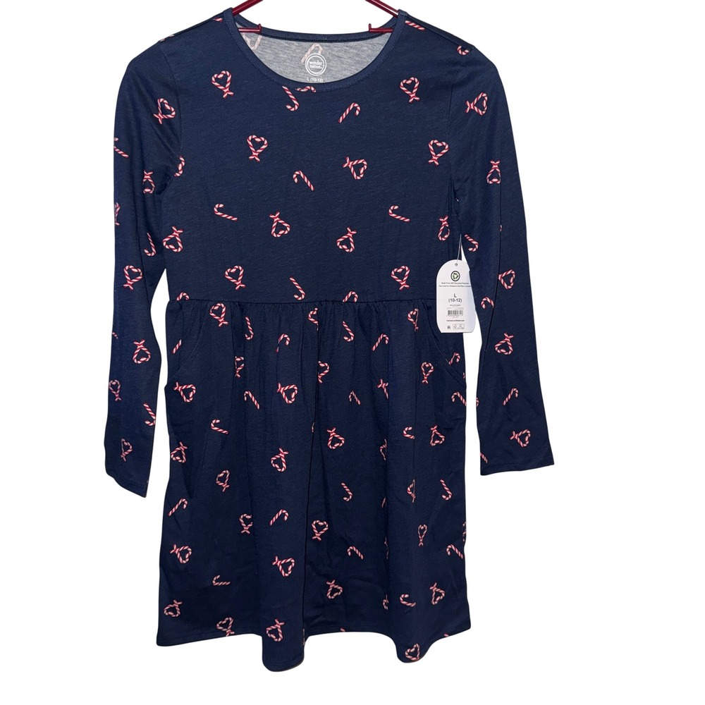 Wonder Nation Dress Girls L 10-12 Navy Blue Candy Cane Heart Long Sleeve Holiday